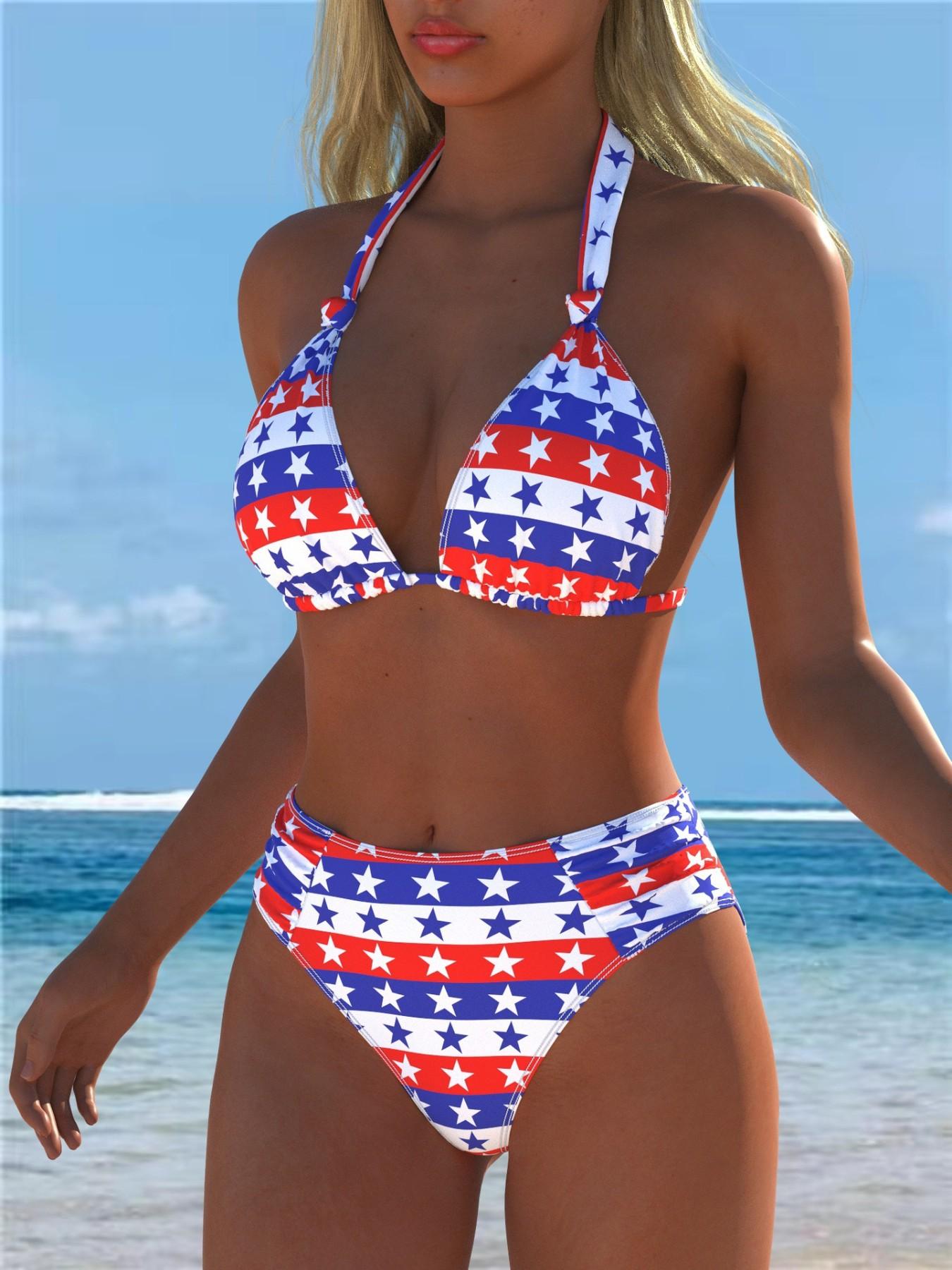 Women's Sexy Bikini Two-Piece Swimsuit, Star Flag Print Halter Neck Design, Deep V Back Tank Top & Bottoms, Summer Beachwear, Swimwear Sets