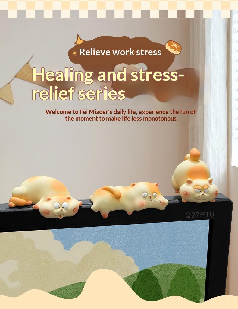 Funny Fat Cat Monitor Sitter Set - 6Pcs Cute Chubby Kitty Computer Topper, Desktop Ornament for Office Desk Decor, Stress Relief Gift for Cat Lovers & Coworkers