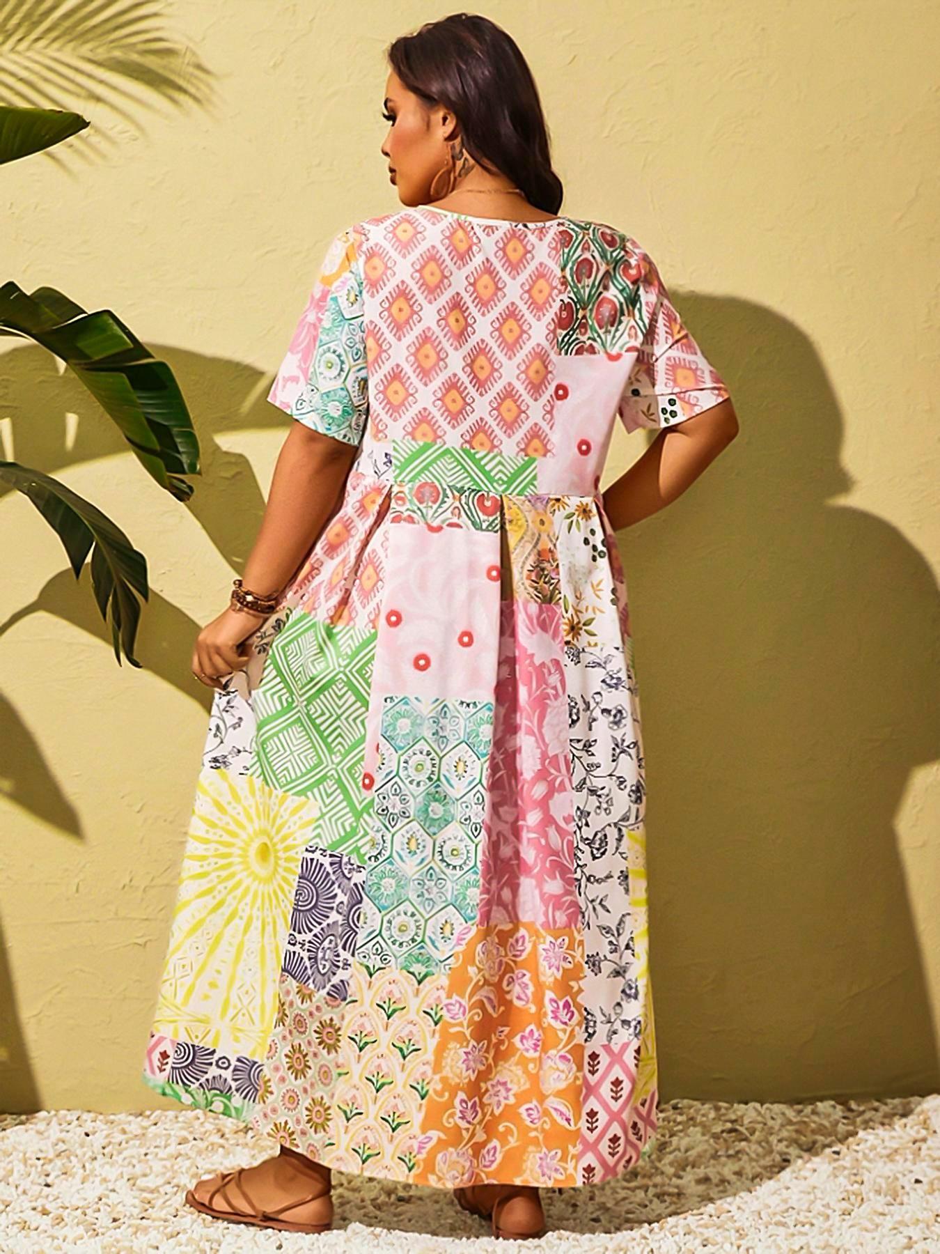 Women's Plus Size New Boho Patchwork Dress, Stylish Casual Wear, Comfortable Fit, Perfect for Daily, Spring Trendy Fashion Clothing