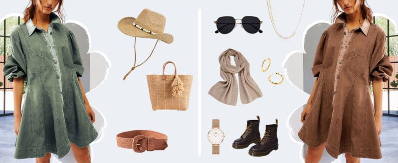 Naeduo Women's Denim Dress Long Balloon Sleeves Buckle A-line Ruffled Jeans Mini Doll Dress With Breast Pocket Summer Womenswear