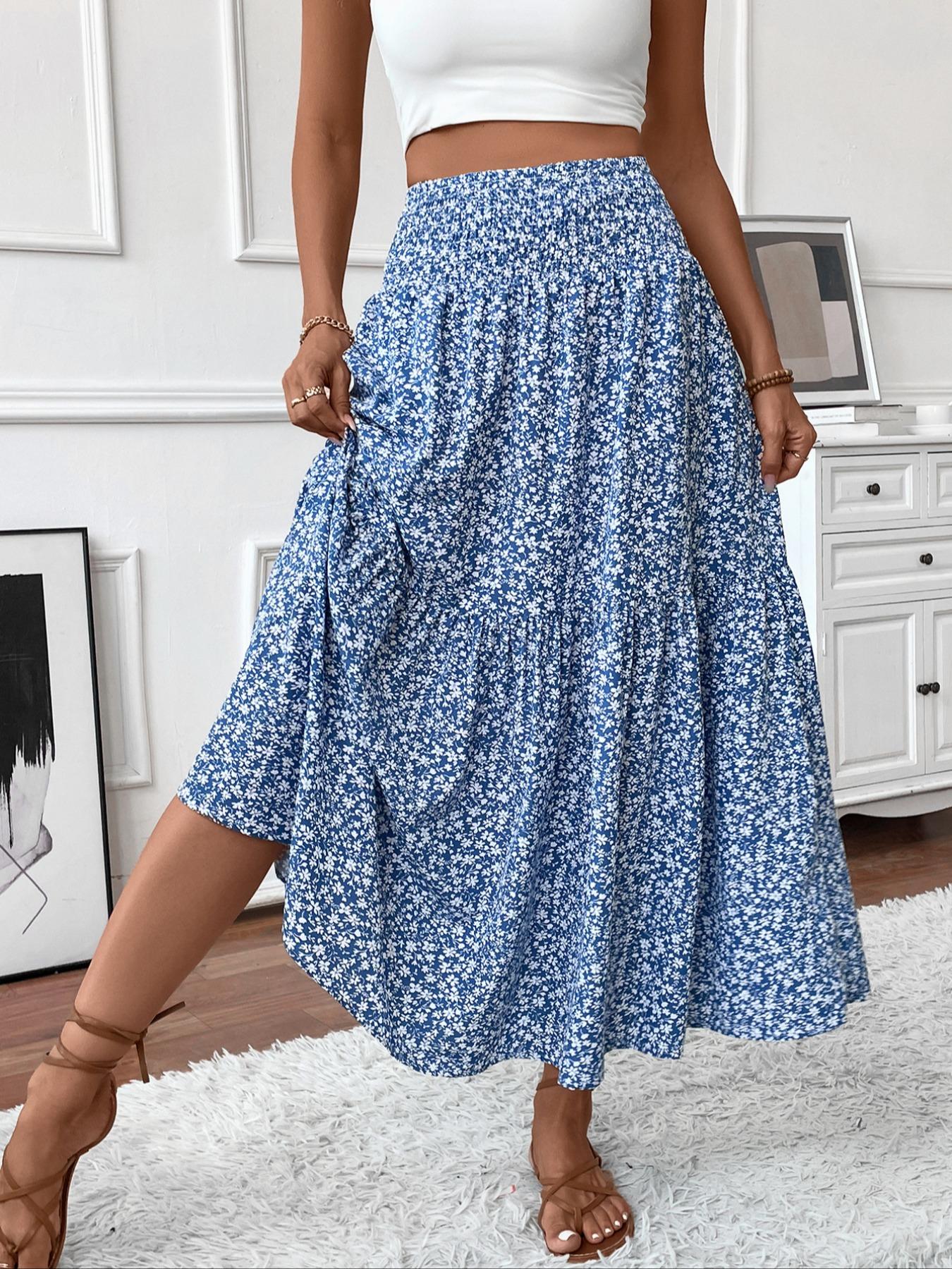 Women's Floral Casual A-Line Ruffled Skirt, Elastic Waist Pockets, Leaf Hem, Long Fitted Skirt, Fashionable Mid-Length Dress