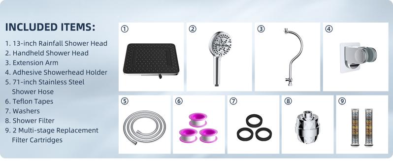 Hibbent Upgraded 5-spray 13'' Dual Filtered Rainfall Shower Head Combo, High Pressure 10-setting Handheld Shower Head with 12'' Adjustable Extension Arm, 20 Stage Shower Filter, 71'' Hose,