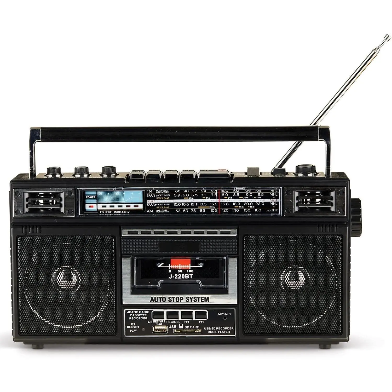 Retro  Boombox Cassette Tape Player Recorder, J-220BT, Black