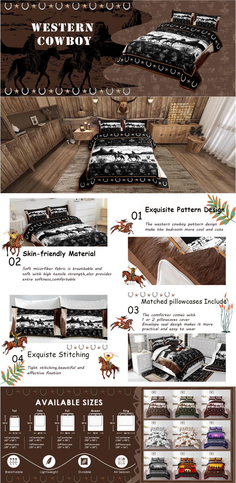 Western Designer Comforter Set Horse Cowboy Luxury Bedding Set Rustic Western Decor Country Wild West Down Comforter Black and White Duvet Set Bedspread Microfiber for Toddler Twin Full Queen King Sizes
