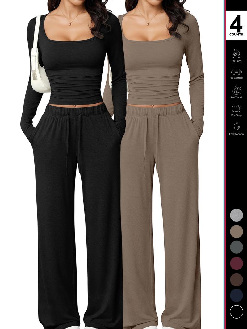 Women's 2 Piece Matching Lounge Set, Square Neck Long Sleeve Crop Top, High Waisted Wide Leg Drawstring Pants, Casual Sweatsuit