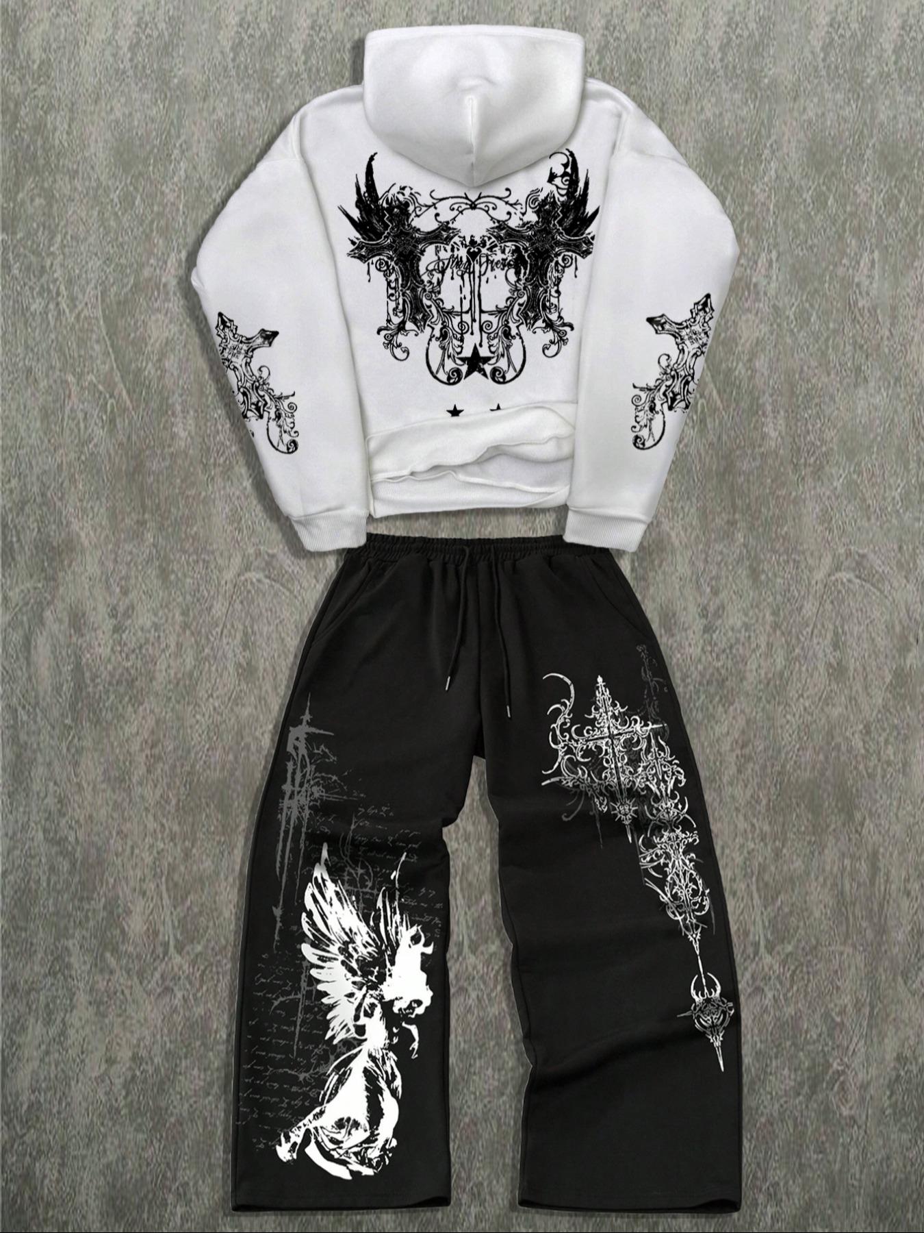 Dark Angel Gothic Graphic Cropped Hoodie & Wide-Leg Sweatpants Set | Black Alt Streetwear 2-Piece Outfit | Soft Comfortable Fabric | Gothic Aesthetic | Trendy Baggy Fit | Bold Embellished Print Set | Versatile Daily Ensemble | Perfect for Casual/Street