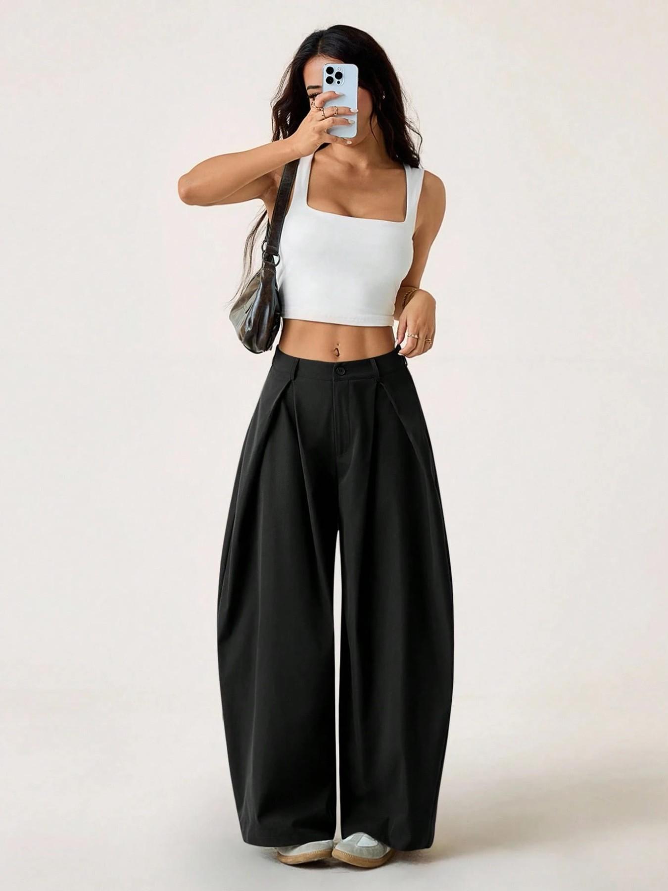 Women's Vintage Casual Street Style Loose Fit Pants, Elastic Waist Wide Leg Trousers, Retro Fashion Bottoms for Daily Wear