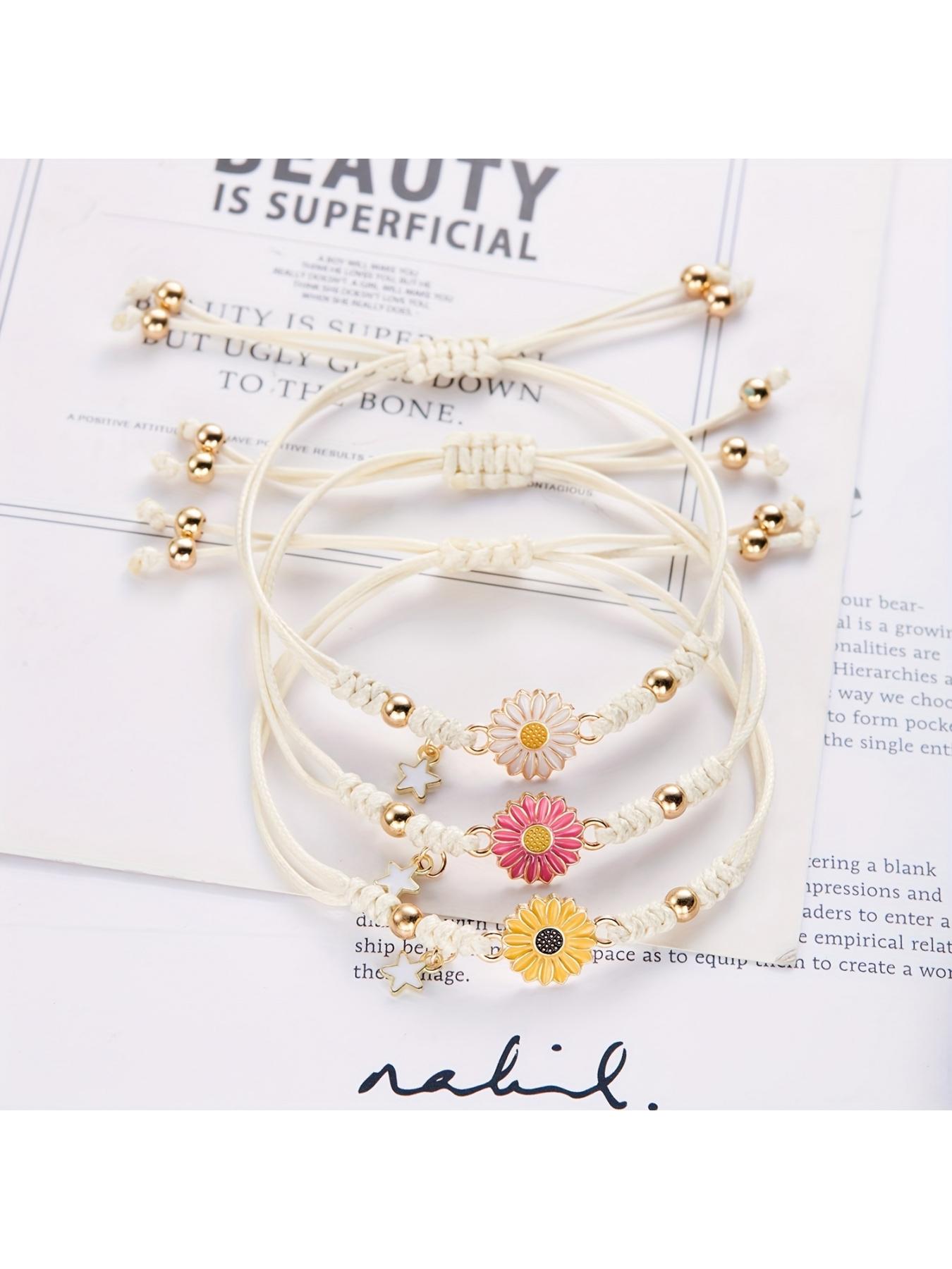 Sunflower & Star Wish Bracelet  Handwoven White Cord with Golden Sunflower Pendant, Meaningful Friendship Bracelet & Inspirational Gift for Best Friend, Sister or Girlfriend