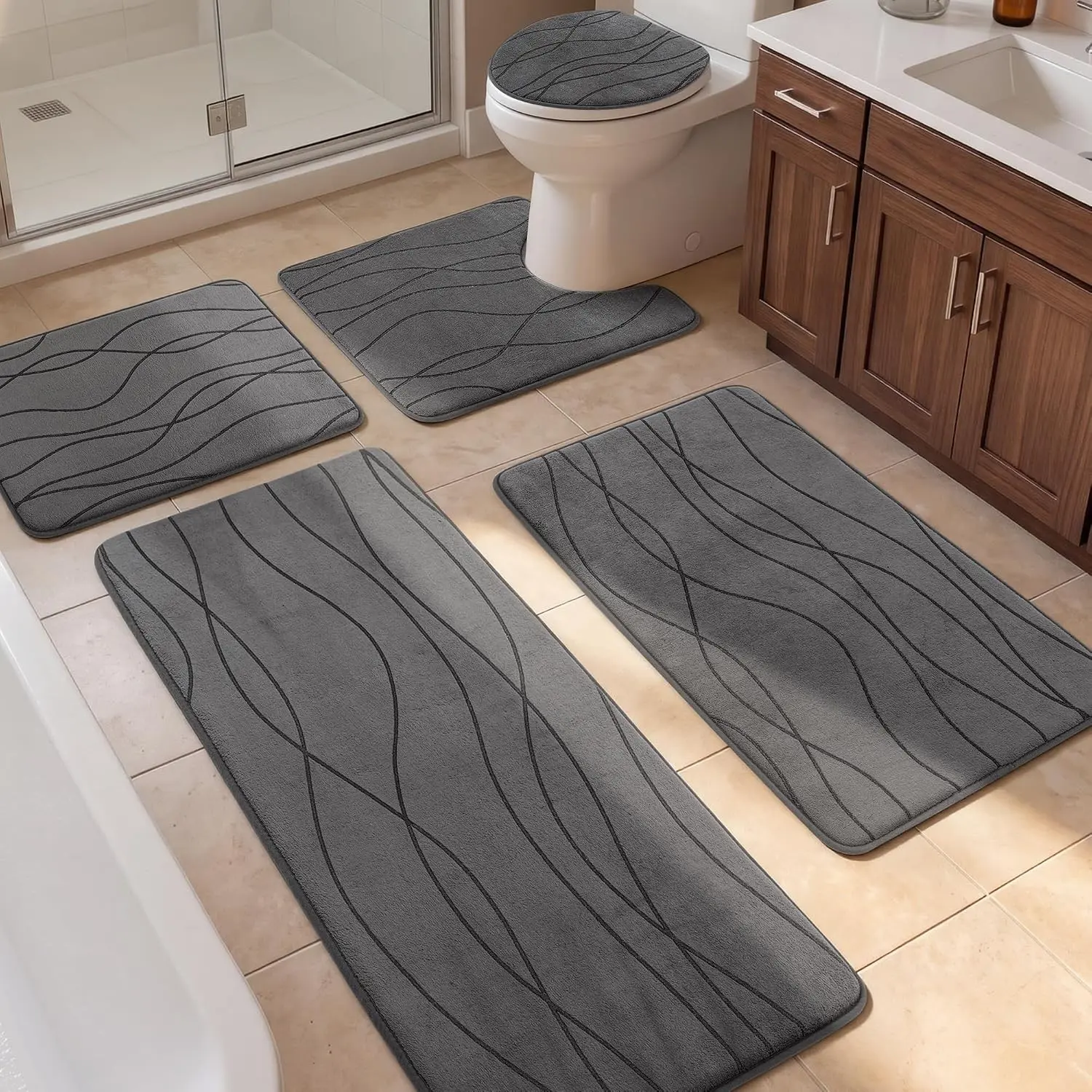 Bathroom Rugs Set 5 Piece, Memory Foam Bath Mat Dark Grey | Ultra Soft, Absorbent, Non-Slip, Machine Washable, for Bathroom, Sink and Toilet