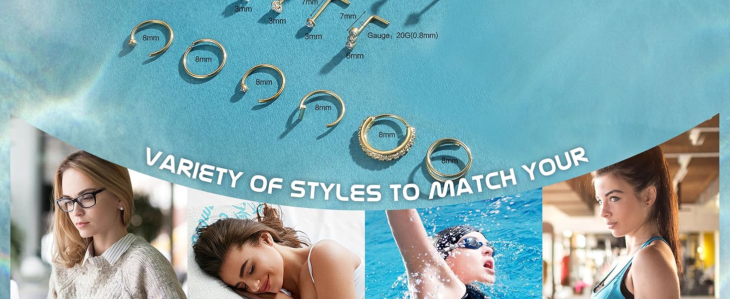 16PCS Gold Nose Piercing Rings Studs for Women Surgical Steel Threadless Push in Flat Back Earrings Hypoallergenic Nose Rings Hoops Cartilage Helix Tragus Nostril jewellery 18G 20G