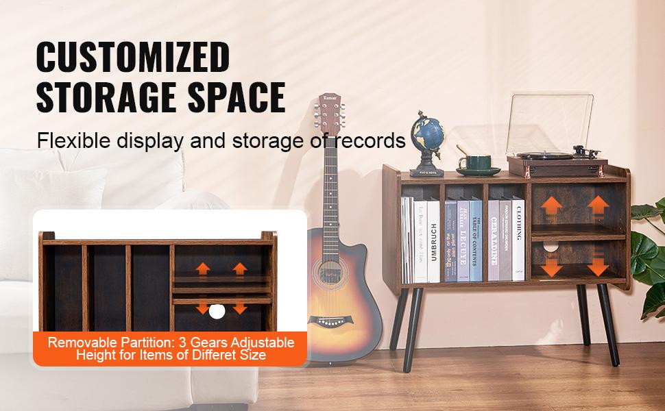 VEVOR Record Player Stand, Turntable Stand Holds Up to 220 Albums, Vintage Vinyl Record Cabinet with Removable Shelves, Record Player Table with Adjustable Height for Living Room, Bedroom, Brown