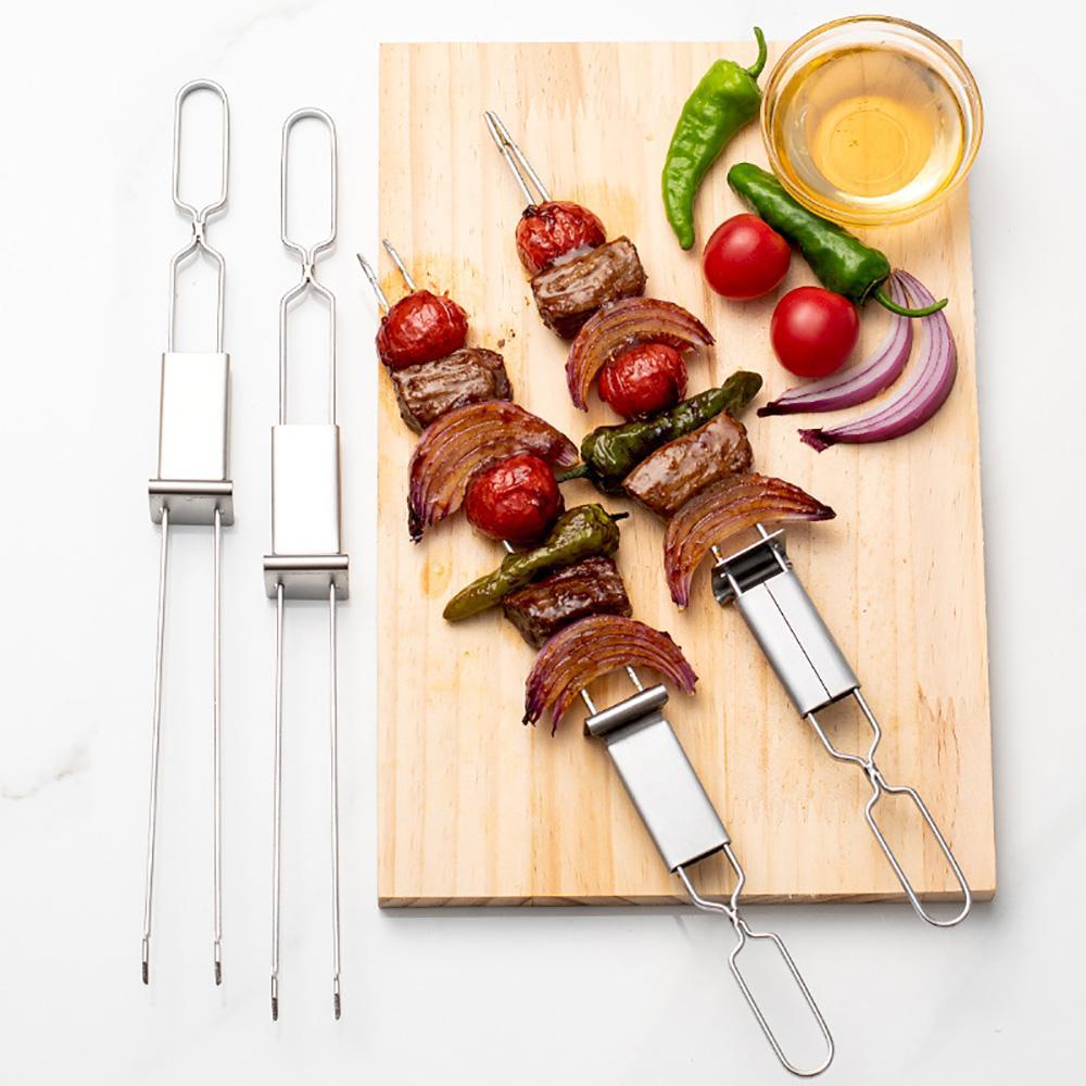 Stainless Steel Barbecue Grill Fork & Skewers Set, Barbeque-Style Double Pronged Forks for Shrimp, Meat, Veggies, Non-Slip Handle, Reusable, Easy to Clean, Ideal for Outdoor Grilling Parties, Barbeque-Style Barbecue Forks