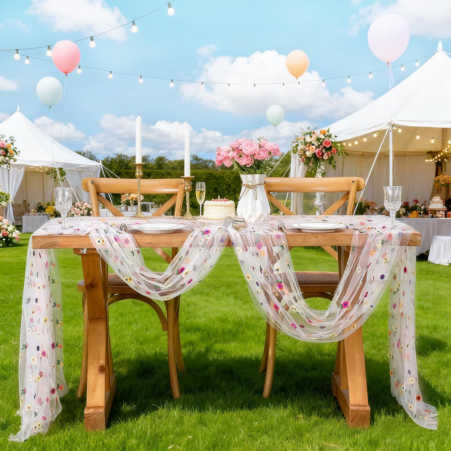 White Embroidered Floral Daisy Tulle Table Runner Birthday 10FT | Flower Sheer Table Runner Wedding Dining Garden Party Bridal Shower  120 Inch White Gauze Table Linen Elegant Setting