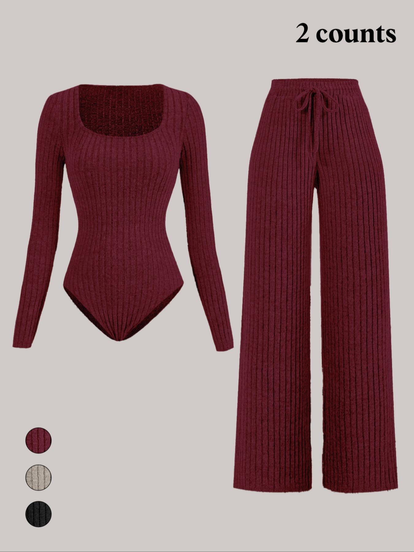 Women's Slim-Fit Solid Color Ribbed Fleece Bodysuit and Wide-Leg Pants Set, Fashionable Comfortable Fabric for Daily Wear