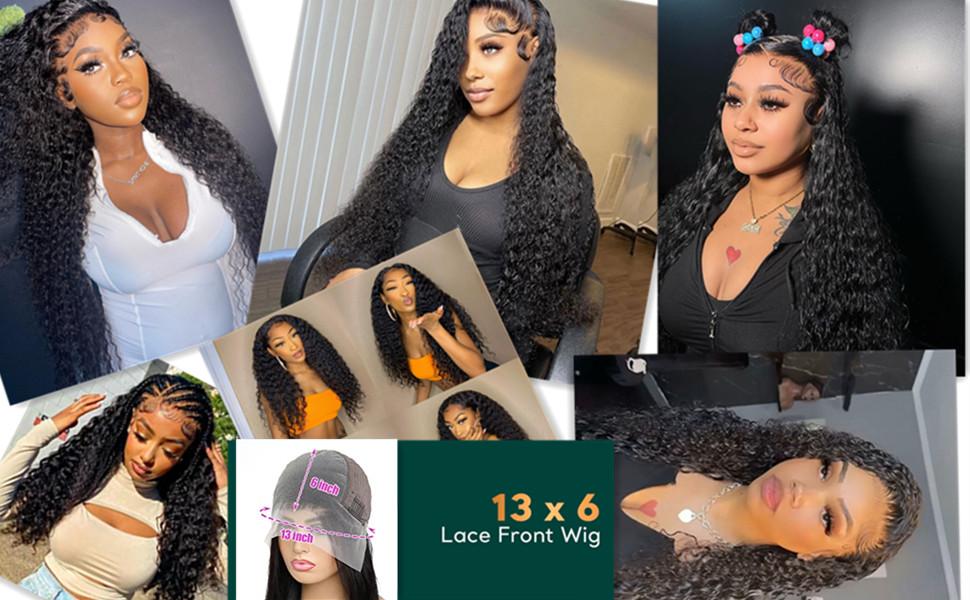 Deep Wave Lace Front Wigs Human Hair 200 Density 13x6 HD Lace Frontal Wigs Human Hair Pre Plucked Deep Curly Glueless Wigs Human Hair for Women Natural Black