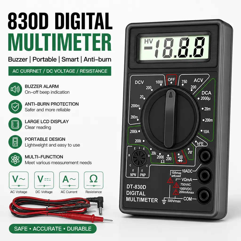 Portable Hand‑Held DT830D Digital Multimeter, Buzzer Continuity Test Multi‑Function Voltmeter Ammeter, Anti‑Burn Electrical Measuring Tool