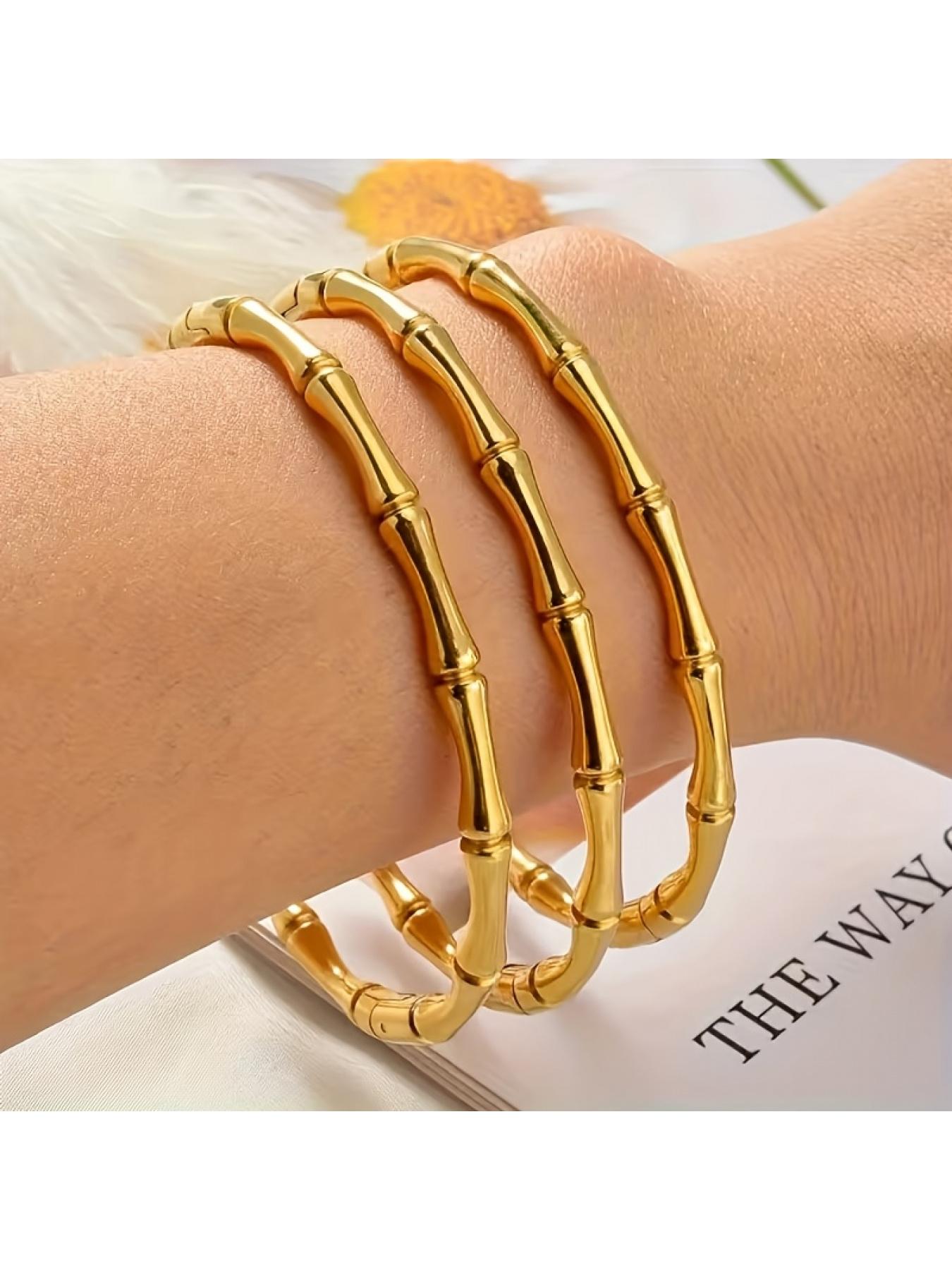 Bamboo Design Gold Bangle Set, 3-Piece Stackable Bracelets, Stainless Steel No Fading Bangles, for Women, Fashion Jewelry & Gifts for Daily Wear.