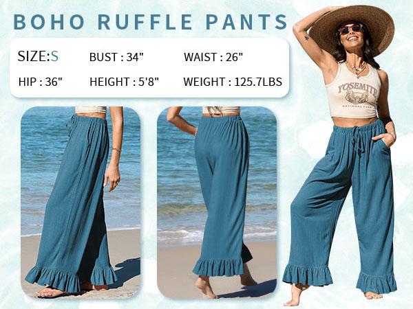 TARSE Women’s Linen Blend Casual Pants Flared Leg Wide Leg Drawstring Ruffle Harem Palazzo Pants with Pockets