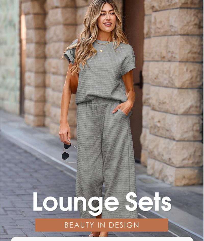 Shewin 2026 Spring/Summer Two Piece Set Outfits Casual Sweatsuits Pullover Tops & Wide Leg Sweatpants Lounge Sets for Women Daily Wear Going Outfits Clothes Shortsleeve Round Neck Batwing Crewneck Women'swear