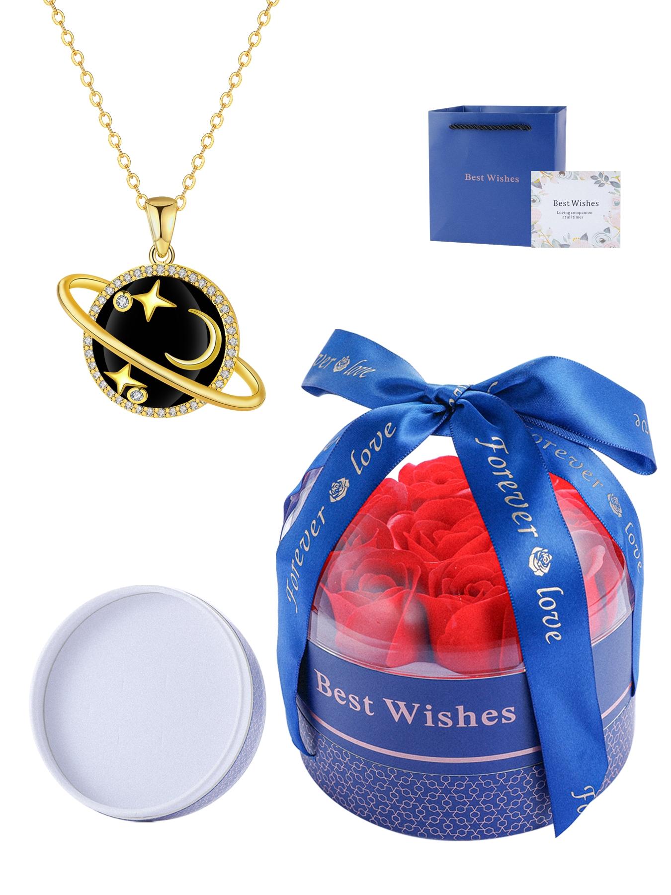 Diamond Saturn Pendant Necklace, 18k Gold Plated Low Allergy, Ideal Jewelry Gift for Mother's Day, Anniversary, Includes Gift Box