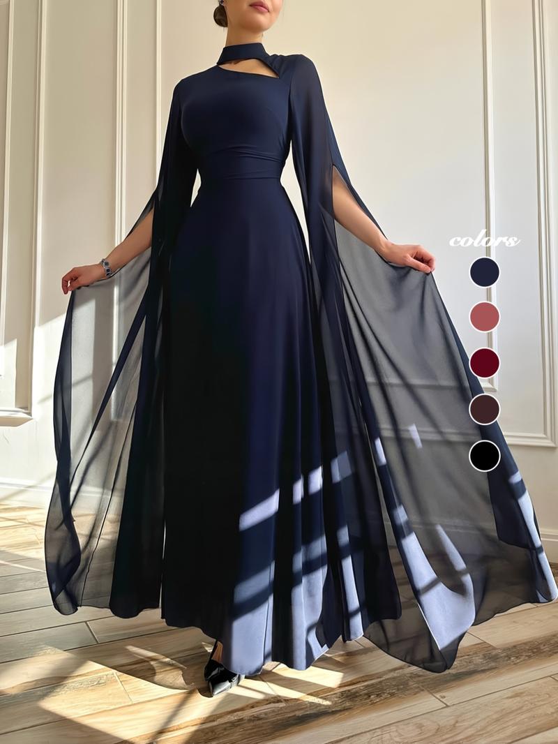 1pc Elegant Formal Evening Long Dress with Cape Sleeve, Wedding Guest Dress Women