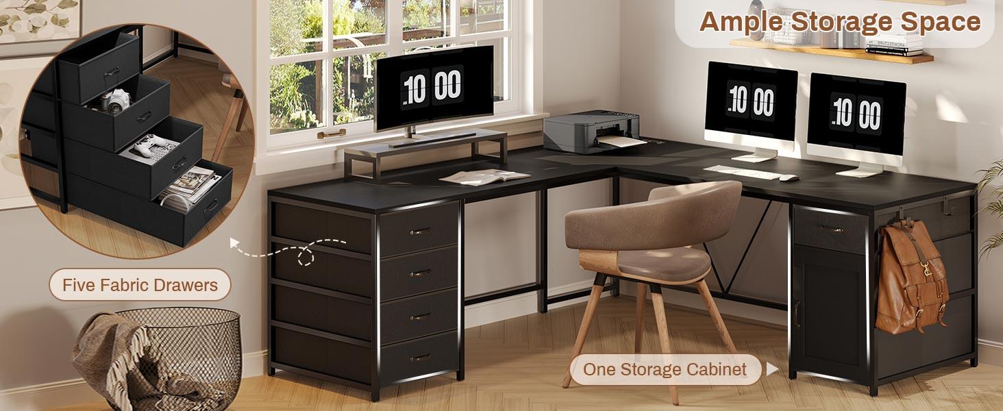 SEDETA L-Shape 63-Inch Desk Computer Desk with Drawers and Storage, Home Office Corner Table, Game Table Furniture Ergonomic Swivel Chair Modern