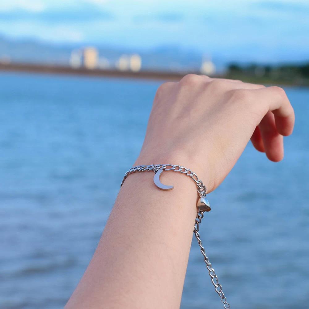 Unisex Charm Bracelets - 2Pcs Stainless Steel Sun Moon Charm Magnetic Link Jewelry, Valentine's Day Gifts, Everyday Use, Wholesale Fashion Accessories for Couples, Unisex Wear