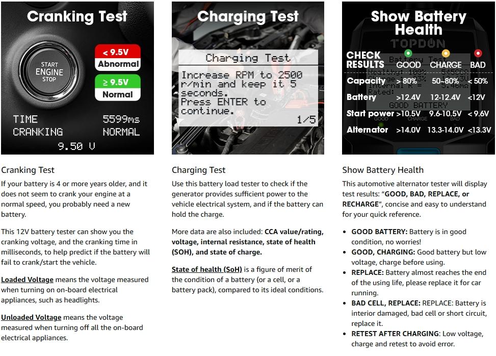 TOPDON BT100 Car Battery Tester 12V Load Tester, 100-2000 CCA Automotive Alternator Tester Digital Auto Battery Analyzer Charging Cranking System Tester for Car Truck Motorcycle ATV SUV Boat Yacht Charger