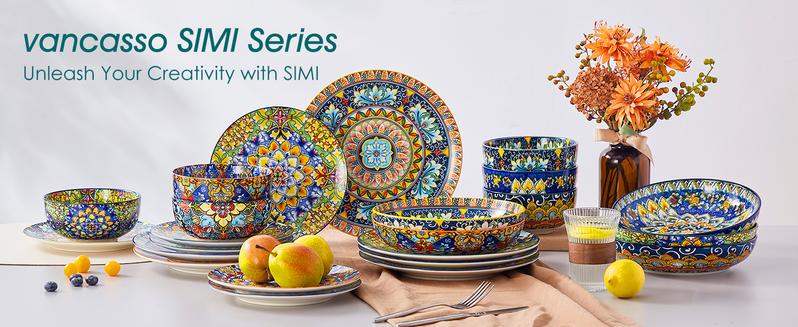 vancasso 24/18/12 Pieces Dinnerware Sets, Plates and Bowls Set, Porcelain Dishes Set for 4/6, Microwave and Dishwasher Safe, Scratch Resistant, Bohemian Style Dining Ware, Series SIMI Tableware