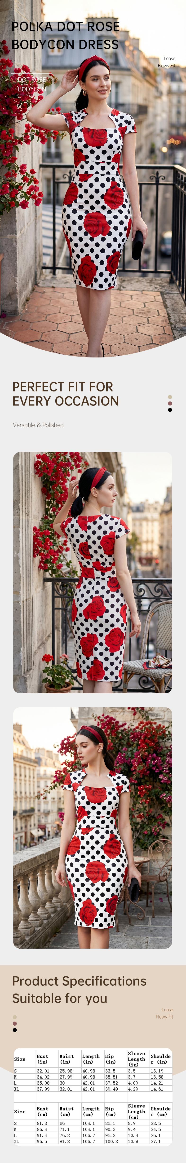 Vintage Cocktail Dress Cap Sleeve 1950s Retro Pencil Dress Wear to Work Dresses for Women Summer Hot Fashion Dress Polka Dot Rose Print Square Neck Short Sleeve Bodycon Dress