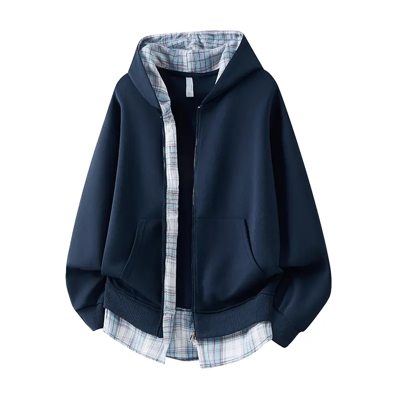Spring heavy fake two-piece hooded plaid spliced men's sweater, hooded sweater jacket contrasting color splicing men's and women's same couple cardigan, cotton plaid sweater trendy versatile loose casual long-sleeved top, soft and comfortable fabric, suit
