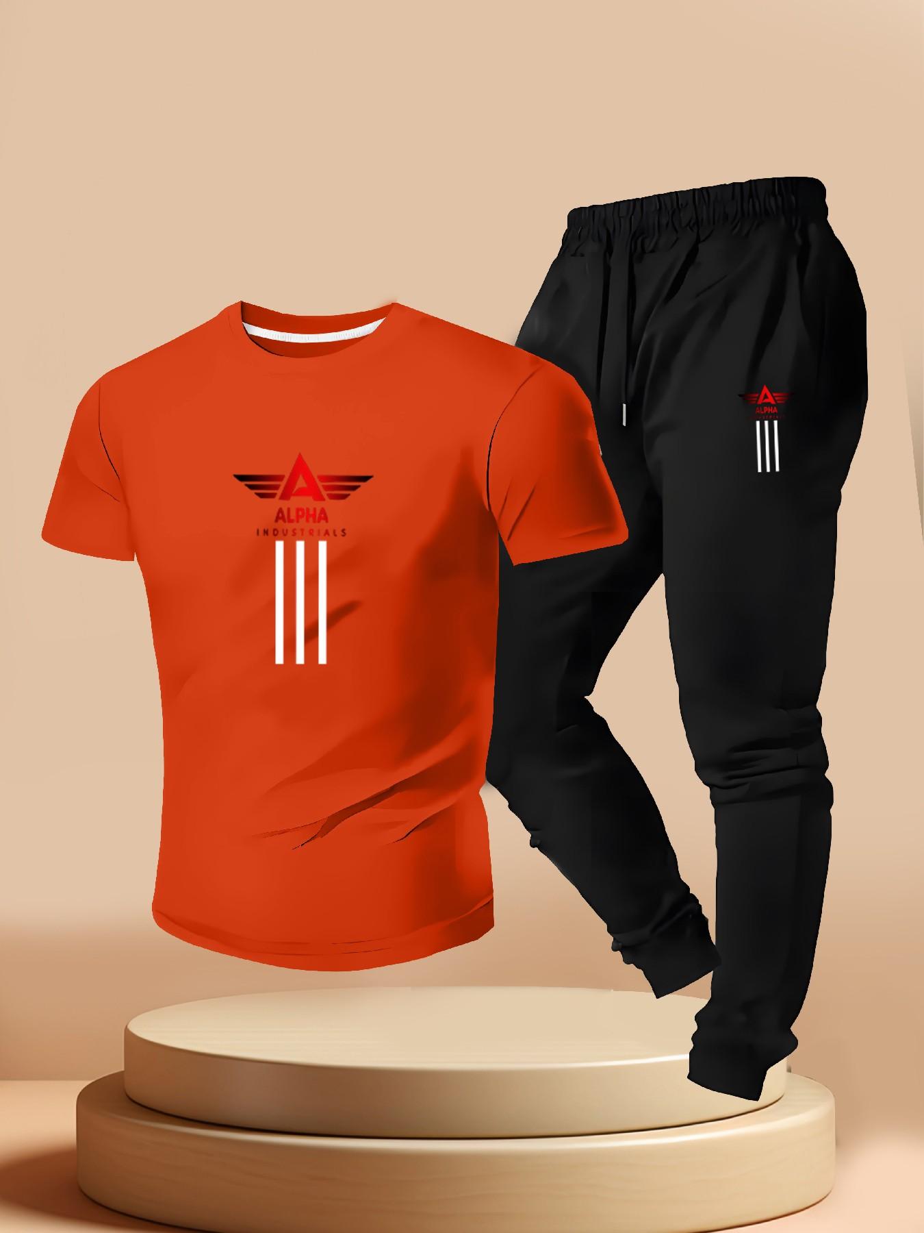 Men's Street Style Alpha Industrial Set, Short Sleeve Tee + Waistband Sports Pants, Summer Military Fashion Two-Piece