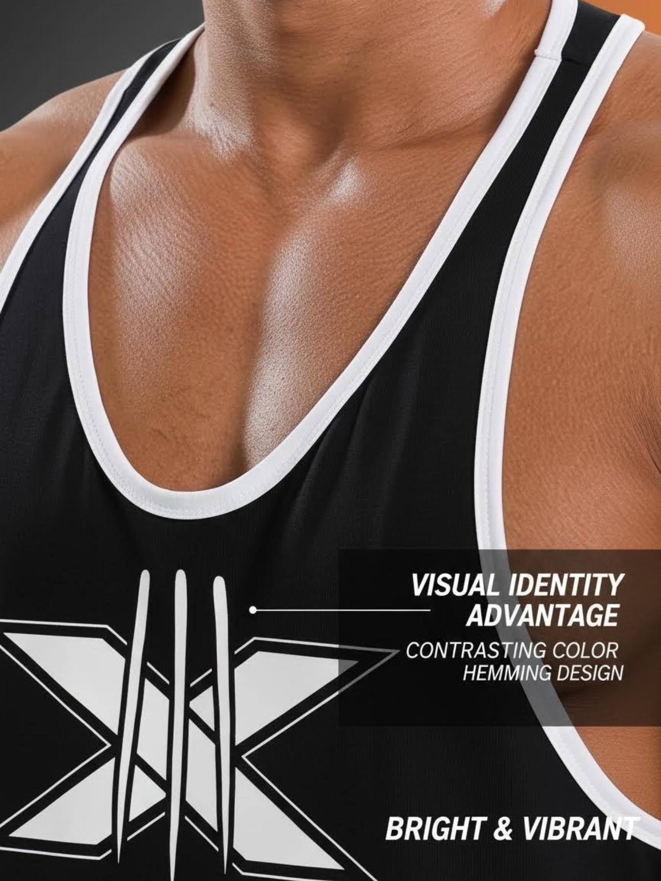 Men's Fitness X Logo Colorblock Tank Top, American Style Sporty Sleeveless T-Shirt, Weight Training Quick-Dry Breathable Shirt