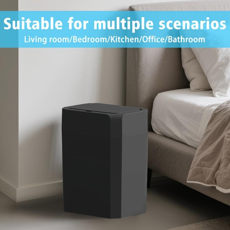 Touchless Trash Can, 3.43 & 5.02 GAL sizes available, automatic motion sensor garbage bin, hands-free soft-close lid, slim plastic body with odor-sealing design, suitable for kitchen, bathroom, office, hotel, requires 2 AA batteries (not included).
