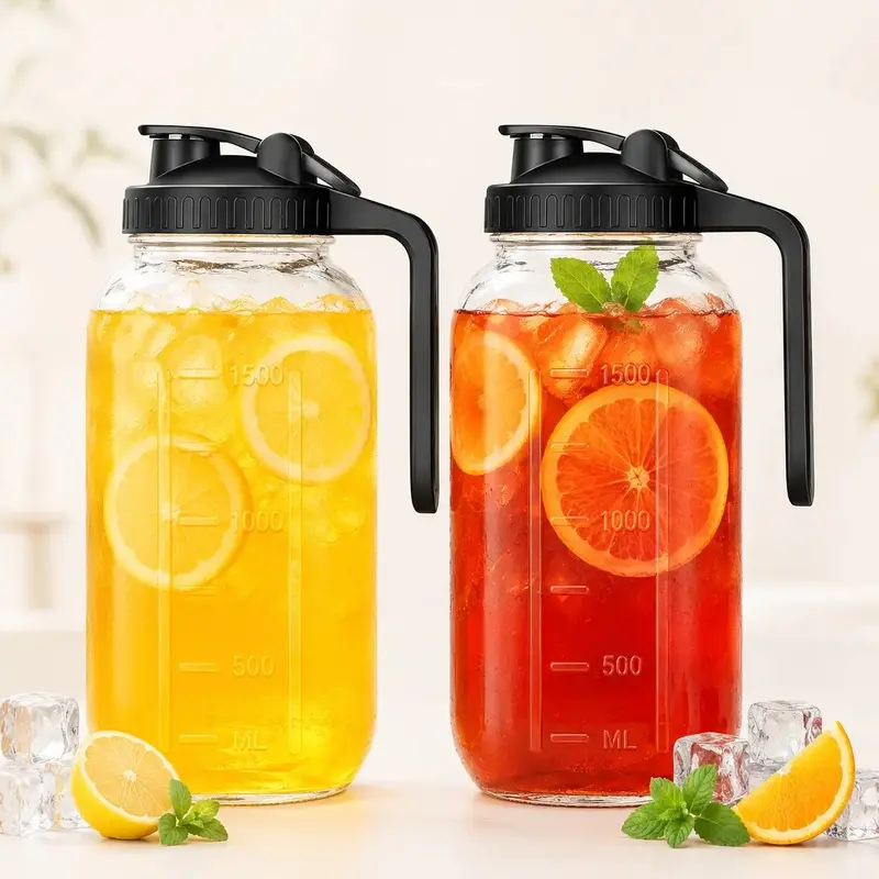 2-Pack 64oz Wide Mouth Glass Body Jar Pitchers with Airtight Seal, Leakproof Pour Spout Lids & Handles, Leakproof Kettles & Jugs for Cold Brew, Refrigerator Storage