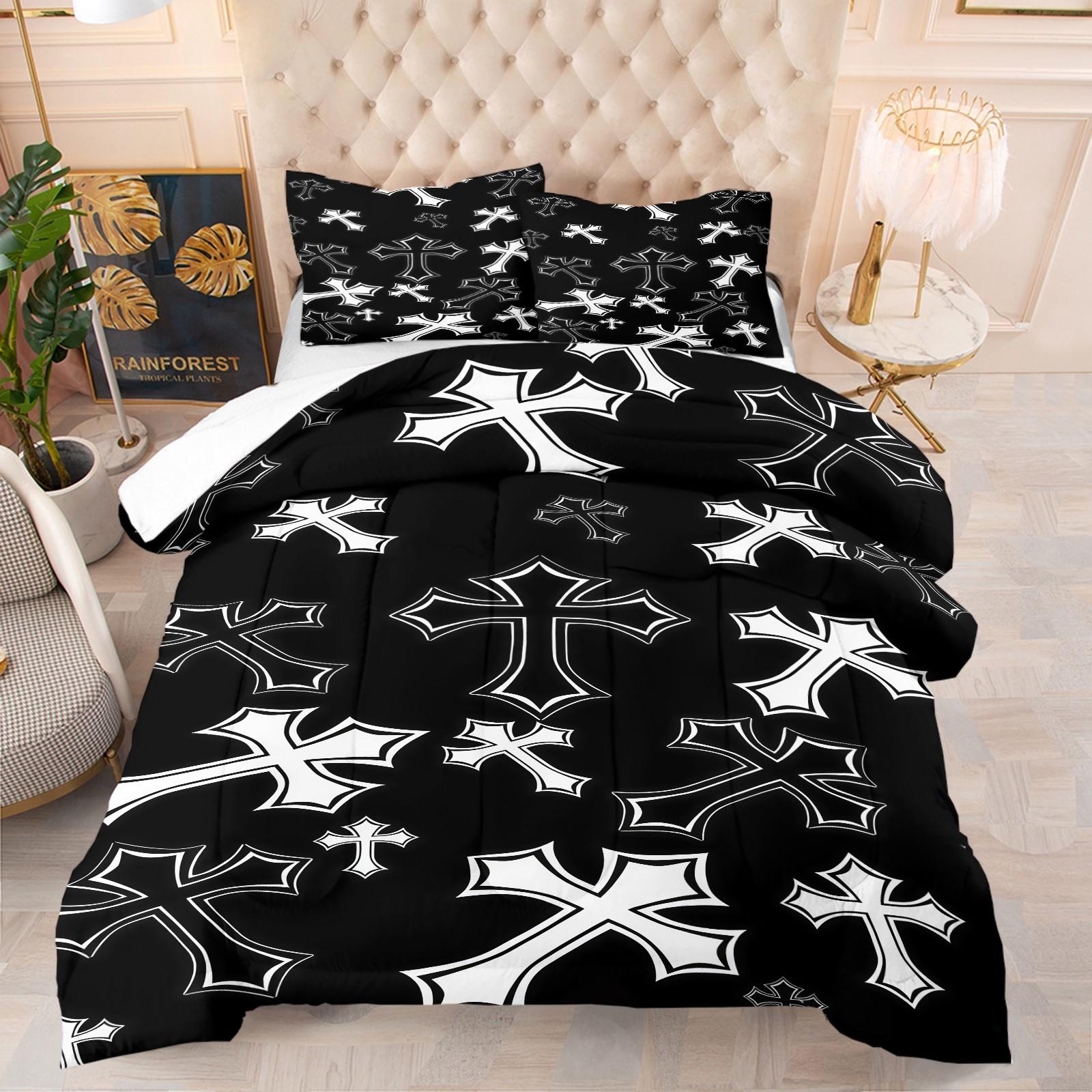 Gothic Cross Pattern Comforter Set, Soft And Durable Bedding Set, Including 1 Comforter And 1 Or 2 Pillowcases, Suitable For Daily Holiday Birthday Gifts And Bedroom Decorations For Children And Adults