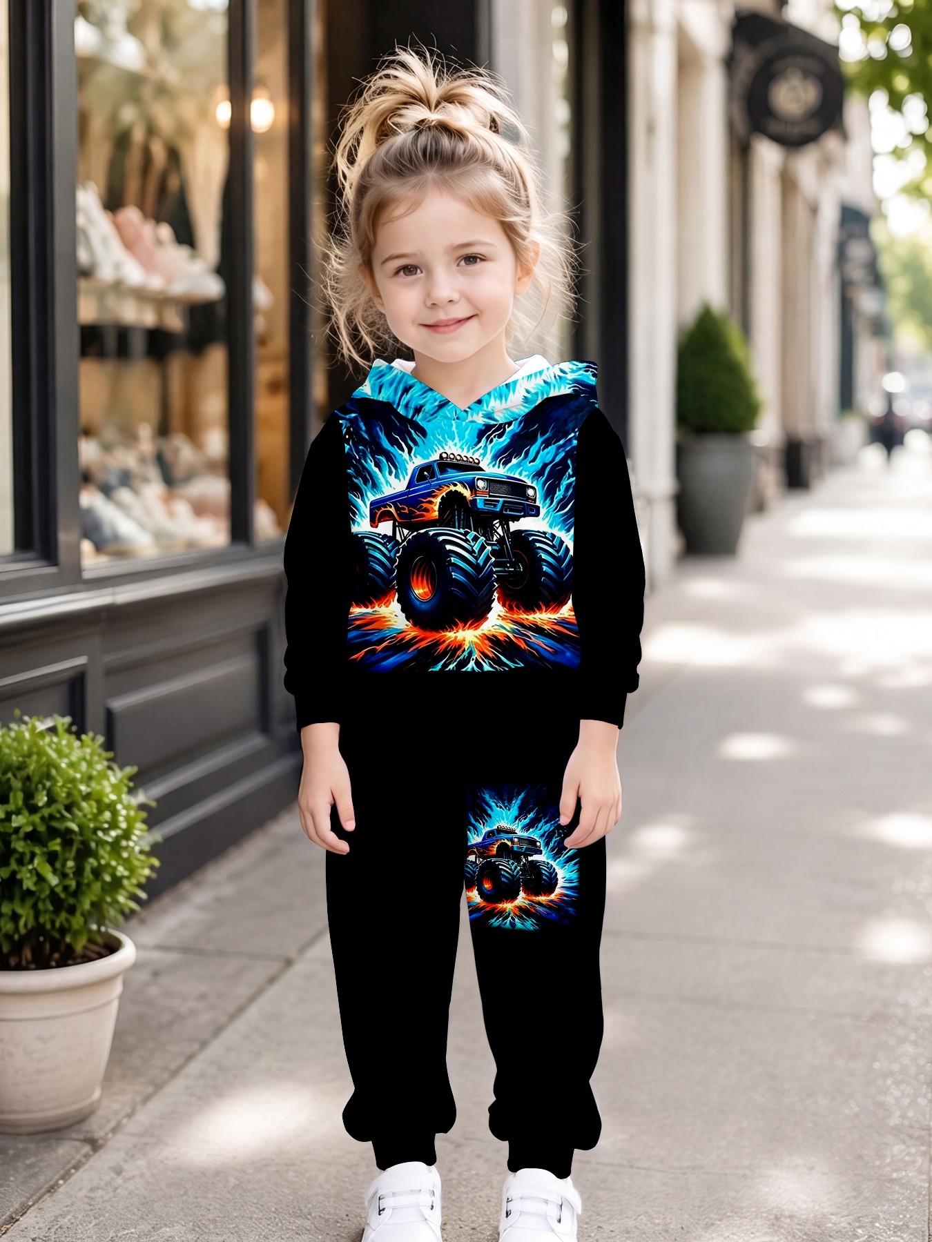 Blue Lightning Monster Truck Print Boys' Hooded Set, Casual Long Sleeve Sweapants, Loose-Fitting Natural Waist, Fall & Winter Clothing