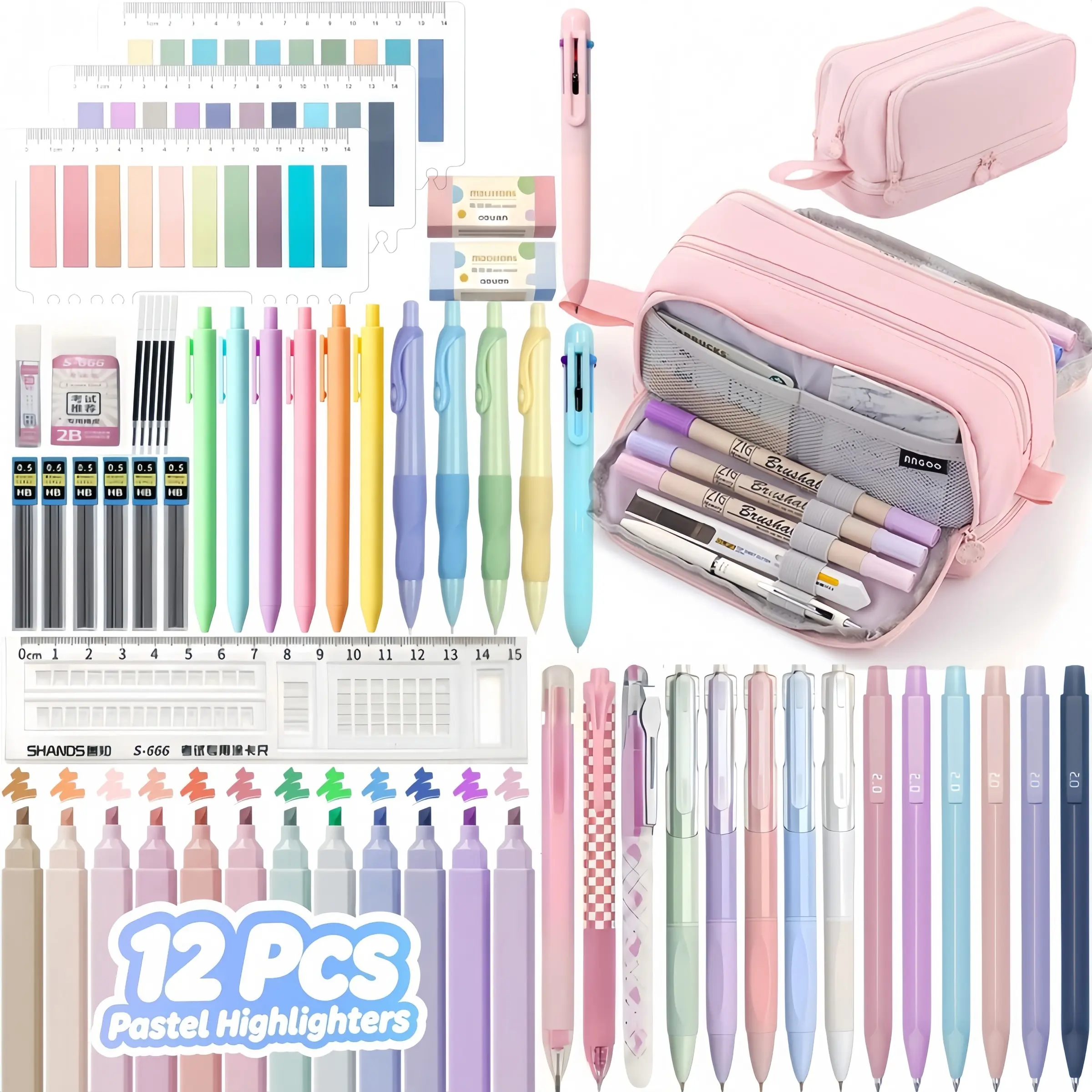School Supplies Stationary Set with Pencil Case, 58PCS Back to Schoo Supplies, Pen Case with 12 Highlighter, 12 Gel Pens, 10 Mechanical Pencil, Essentials for College, Nursing Student, Stationary Kit