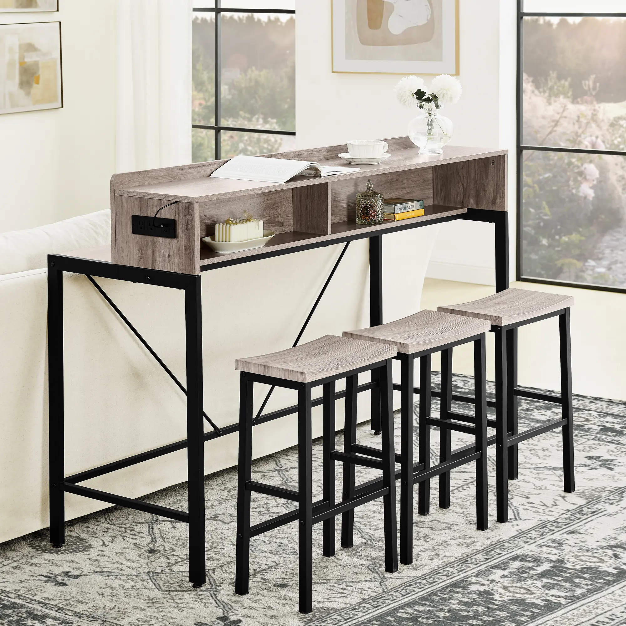 Nokaa 59" Bar Table Dining Table with Power Outlet & LED Light, 3 Saddle Stools, 4-Piece Set for Living Room, Dining Room, Kitchen, Sofa Table, Console Table, Grey