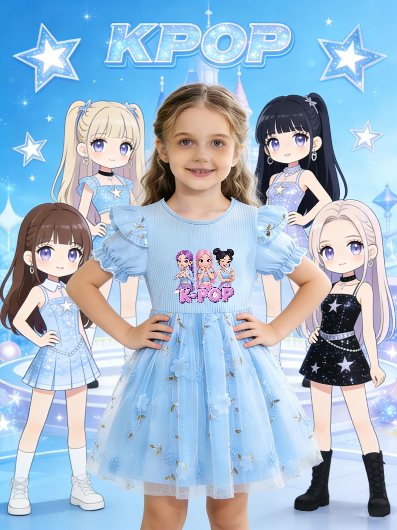 Sweet Style Girls' Dress, Flutter Sleeve Bubble Sleeve, K-Pop Print, Summer Mesh Princess Dress, Casual Fitted Butterfly Pattern