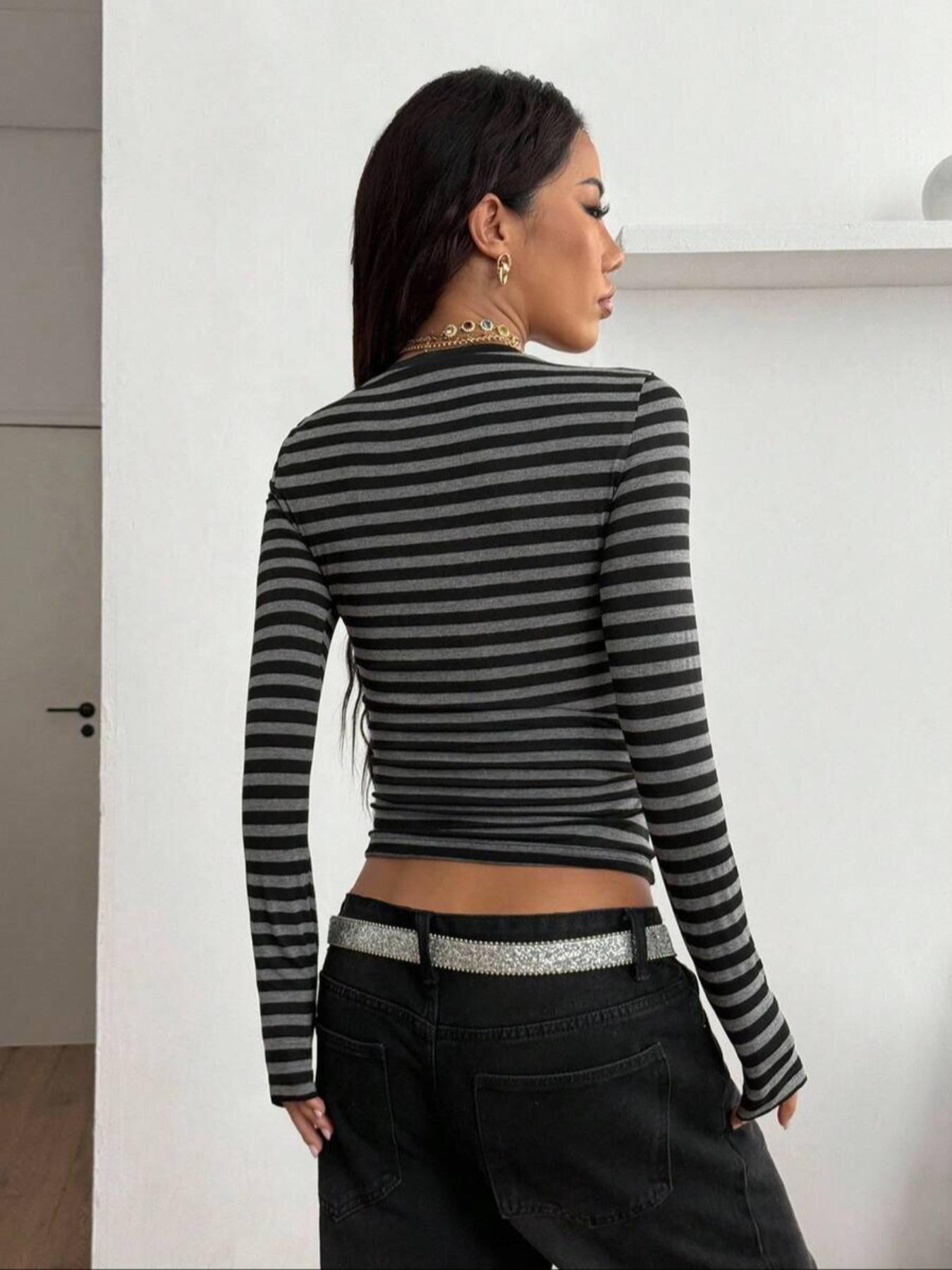 Women's Spring Summer Knitted Striped Slim Fit V-Neck Long Sleeve T-Shirt, Casual Daily Wear, Versatile Layering Top