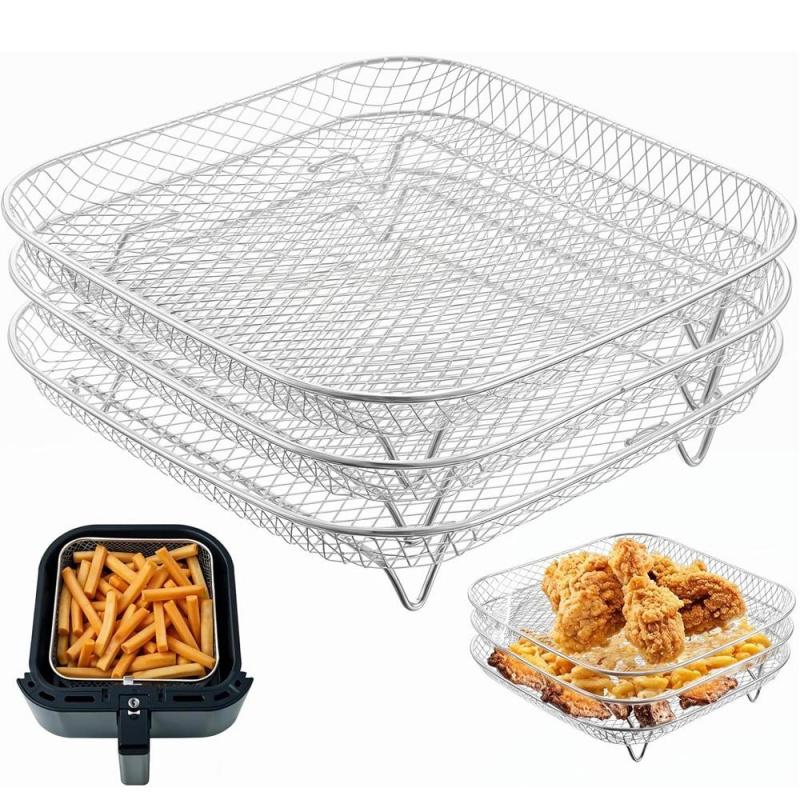 3-Piece Stainless Steel Dehydrator Rack Set, Stackable 8-Inch Square Air Fryer Rack with Silicone Feet, Oven & Deep Frying Safe