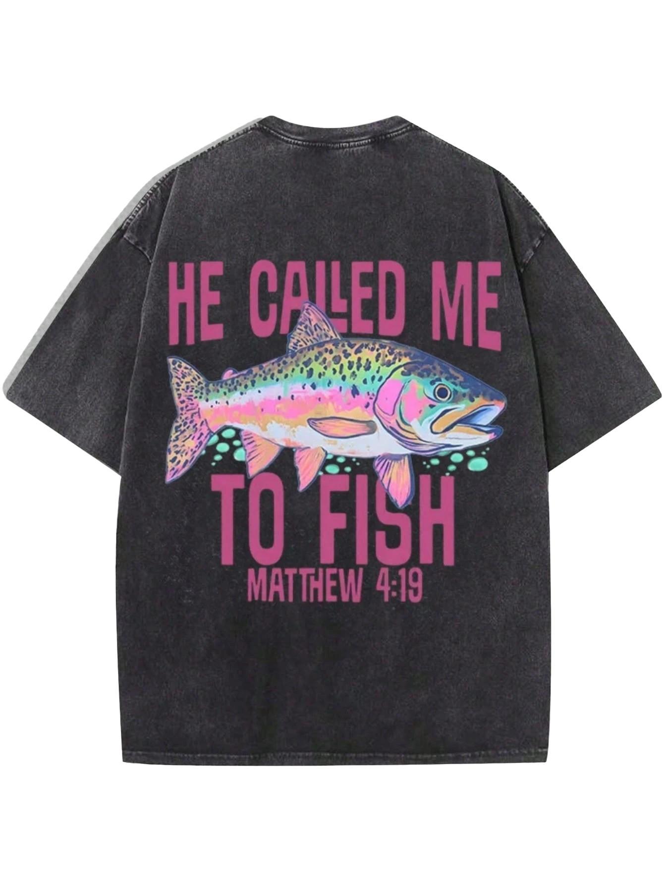 Men's Vintage Washed Trout Fishing Print T-Shirt, Loose-Fit Casual Long Sleeve, Breathable Polyester, Streetwear Style, All Seasons