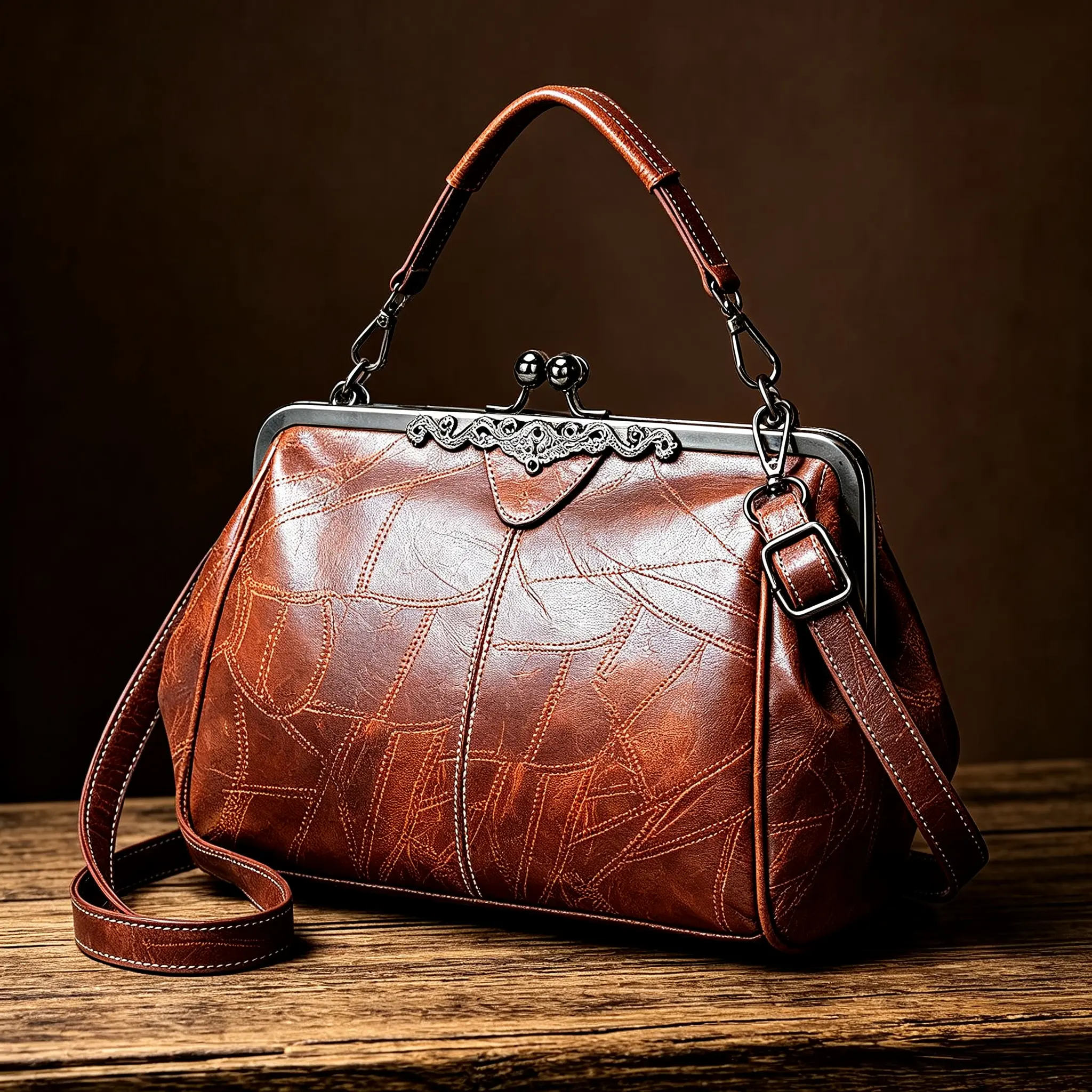 Women Vintage PU Kiss‑Lock Handbag, Large Capacity Retro Patchwork Shoulder Purse, Stylish Removable Strap Crossbody Satchel for Daily Commute