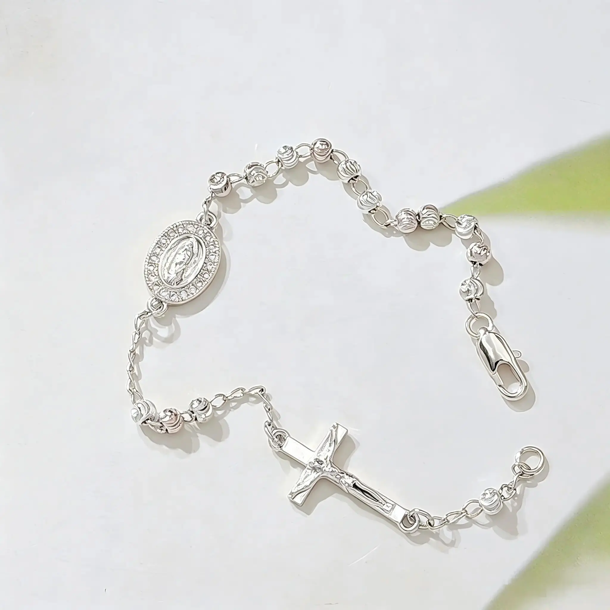 Silver Rosary Bracelet for Women, Dainty Cubic Zirconia Beaded Chain with Our Lady of Guadalupe Medal & Cross Charm, Adjustable Religious Catholic Prayer Jewelry, Ideal for Baptism, First Communion, Confirmation Gifts