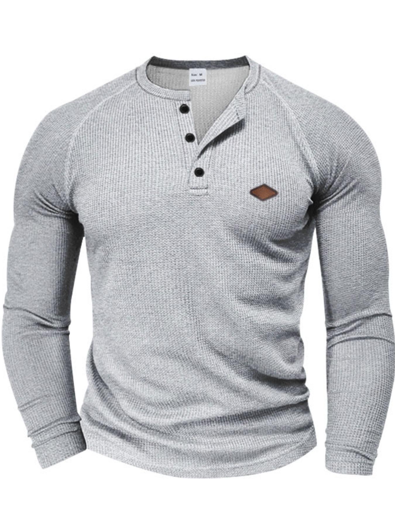 Men's Regular Fit Embroidery Half Placket Button Thumb Hole Design Henley Neck T-shirt, Casual Long Sleeve Tee for Spring & Fall, Fashion Men's Top for Daily Wear