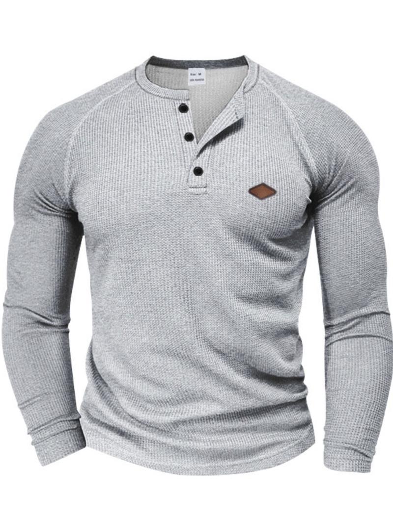 Men's Regular Fit Embroidery Half Placket Button Thumb Hole Design Henley Neck T-shirt, Casual Long Sleeve Tee for Spring & Fall, Fashion Men's Top for Daily Wear