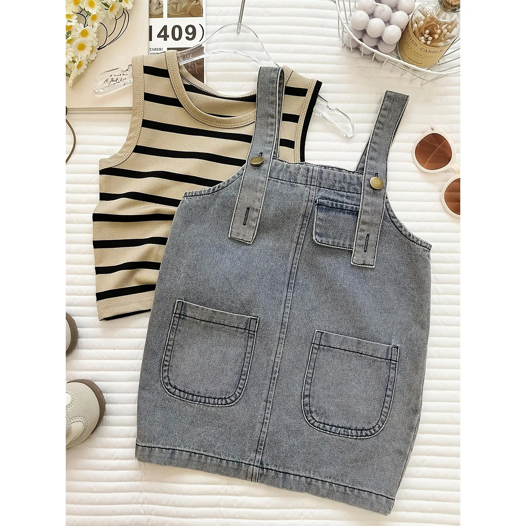 Girls' 2026 Summer New Korean Style Casual Polyester Mix Thin Stripe Print 2-Piece Set - Versatile Striped Vest, Denim Front Pinafore Dress