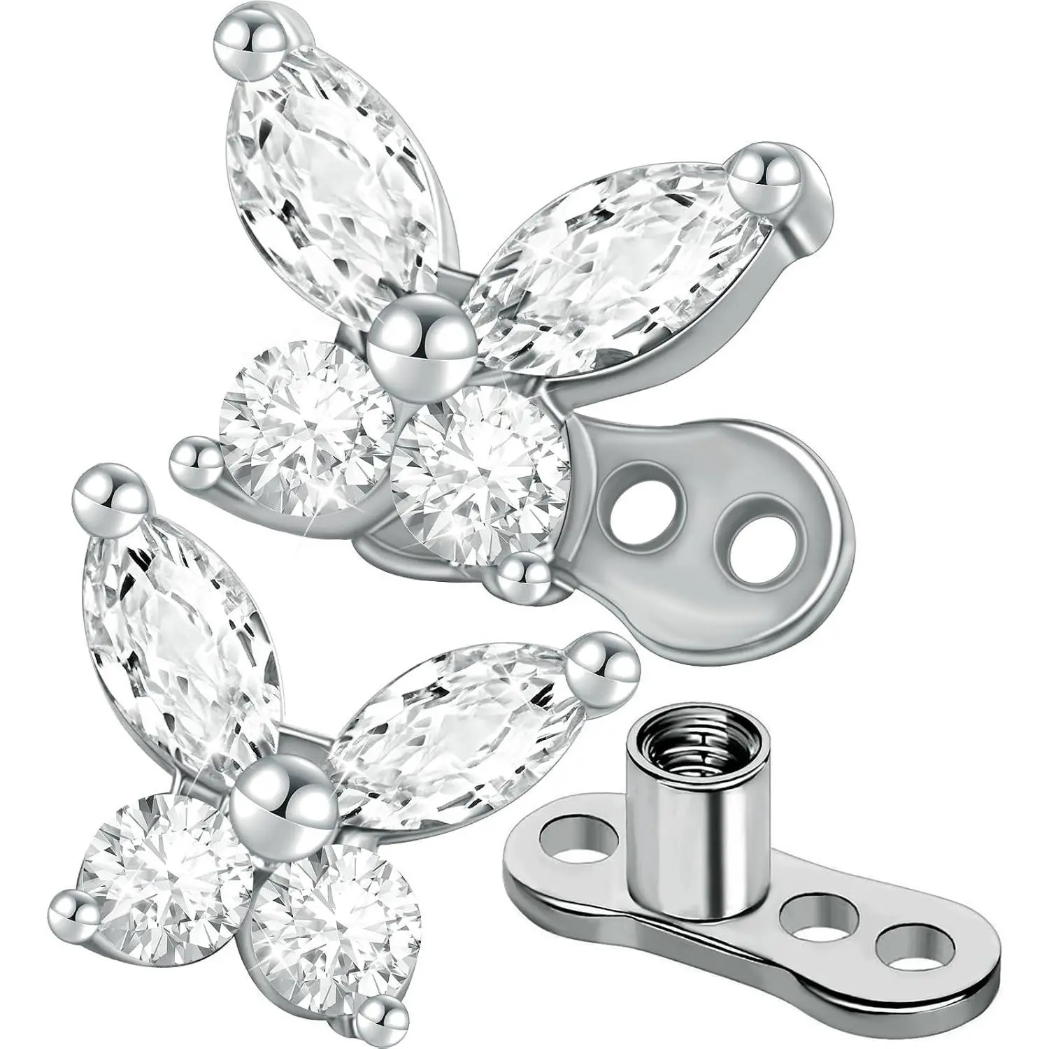 SHBESHCD 2 Pieces Butterfly G23 Titanium Dermal Anchor Tops and Base 14G Surgical Steel CZ Crystal Microdermals Body Piercings Personalized Jewelry Gift for Women Men