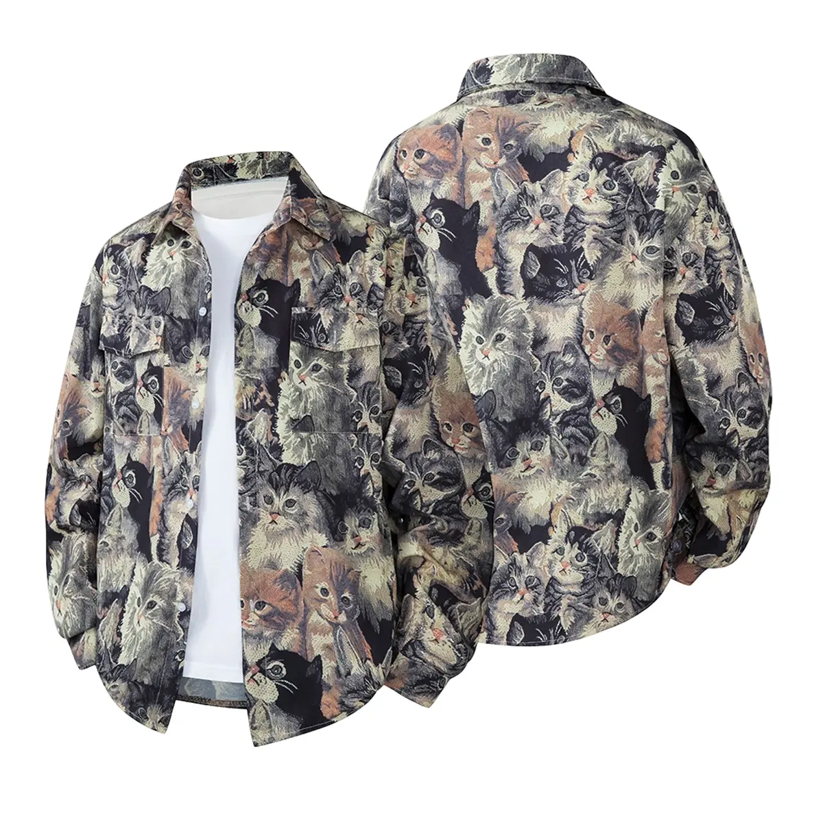 Lightweight Printed Shacket For Men Point Collar Button Closure Retro Mixed Pattern Design Dual Chest Patch Pockets Long Sleeve Relaxed‑Fit Overshirt For Casual Wear